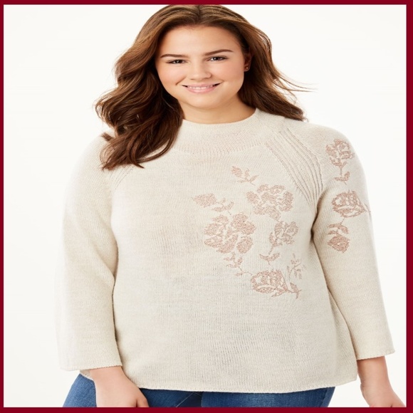 Woman Within Sweaters - METALLIC FLOWER EMBROIDERED PLUS SIZE SWEATER